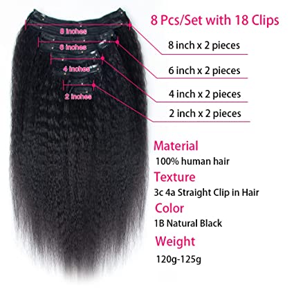 Brazilian Virgin Human Hair Extensions Clip in : Kinky Straight